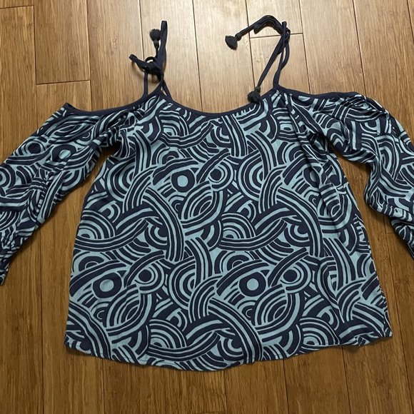 NWT AERIE OFF SHOULDER BLUE PATTERN RUFFLE SLEEVE WOMENS SHIRT SZ XS - Picture 1 of 1